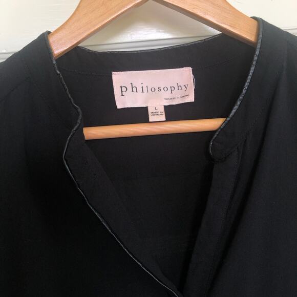 Philosophy Black Sheer Faux Leather Trim Blouse Large Long Sleeve Minimalist - Picture 2 of 10
